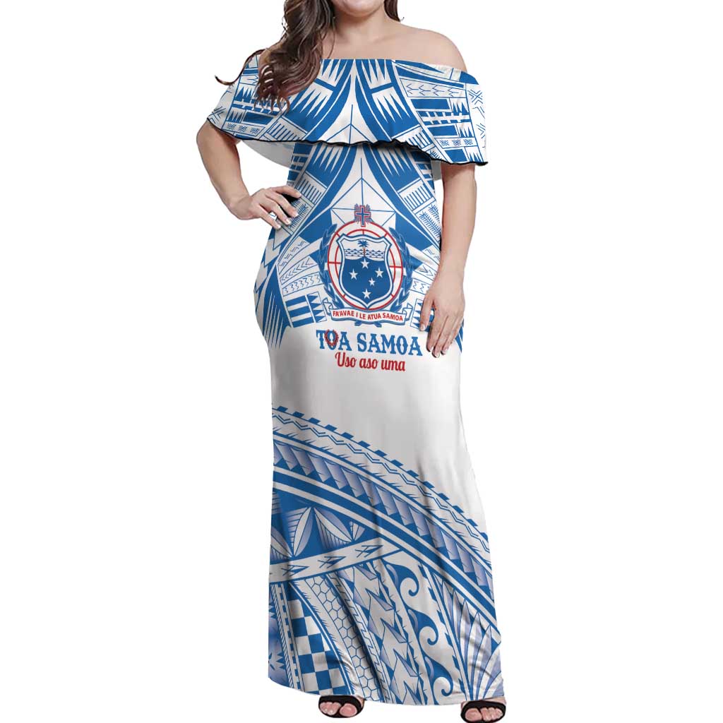 Toa Samoa Rugby Custom Off Shoulder Maxi Dress Uso aso uma Samoan Pattern White LT14 Women White - Polynesian Pride