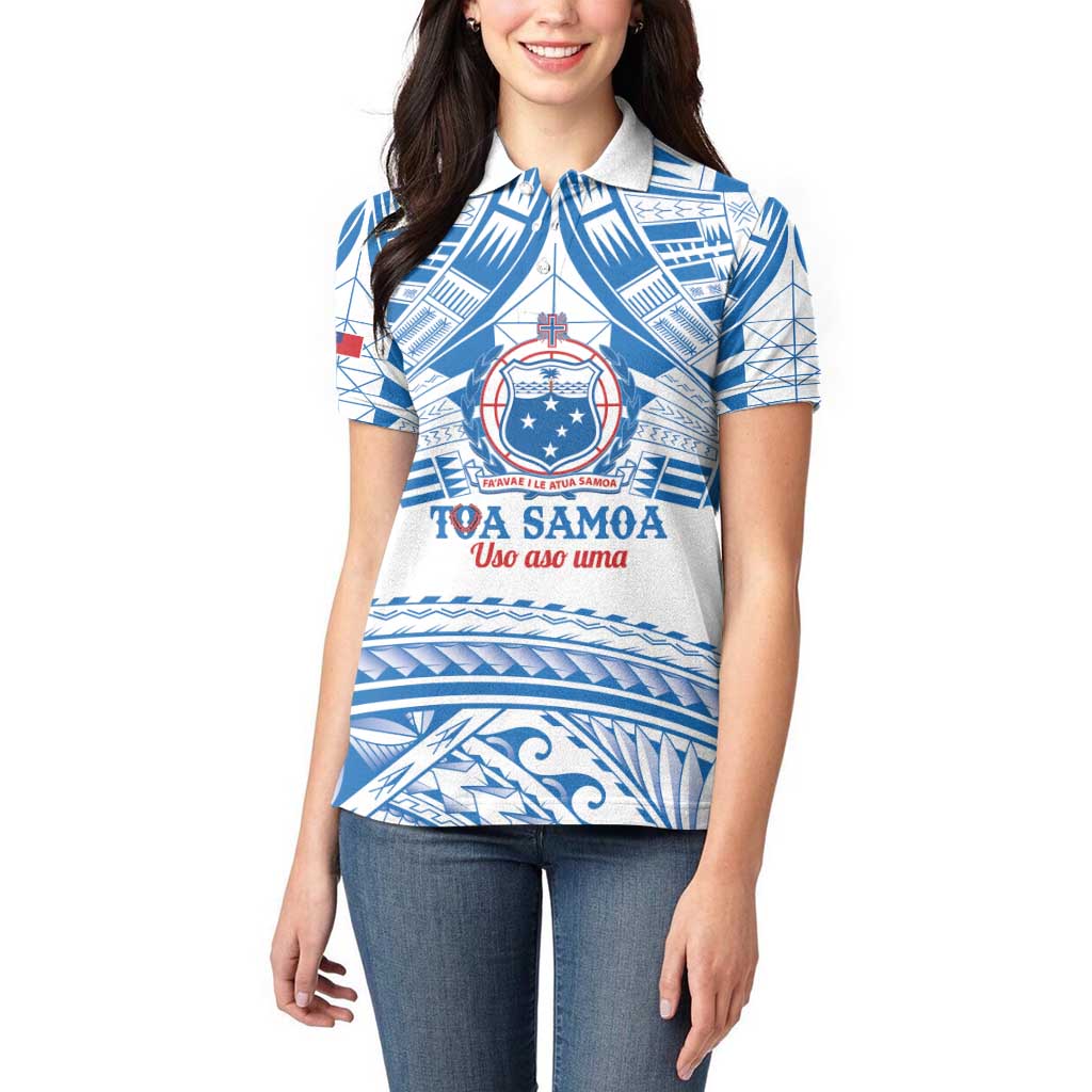 Toa Samoa Rugby Custom Women Polo Shirt Uso aso uma Samoan Pattern White - Polynesian Pride