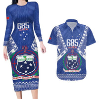 Personalised Samoa 685 Couples Matching Long Sleeve Bodycon Dress and Hawaiian Shirt Samoan Pride Coat Of Arms LT14 Blue - Polynesian Pride