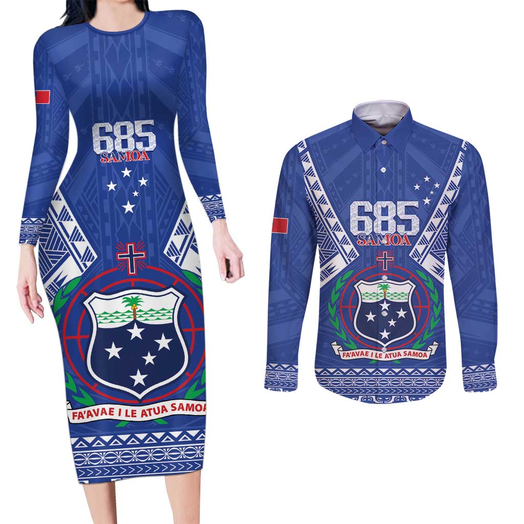 Personalised Samoa 685 Couples Matching Long Sleeve Bodycon Dress and Long Sleeve Button Shirt Samoan Pride Coat Of Arms LT14 Blue - Polynesian Pride