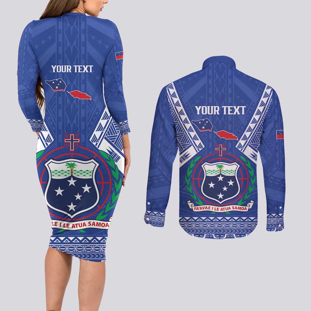 Personalised Samoa 685 Couples Matching Long Sleeve Bodycon Dress and Long Sleeve Button Shirt Samoan Pride Coat Of Arms LT14 - Polynesian Pride
