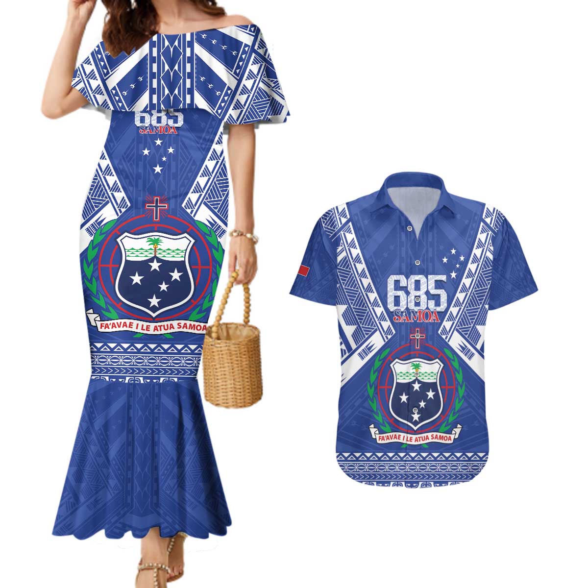 Personalised Samoa 685 Couples Matching Mermaid Dress and Hawaiian Shirt Samoan Pride Coat Of Arms LT14 Blue - Polynesian Pride