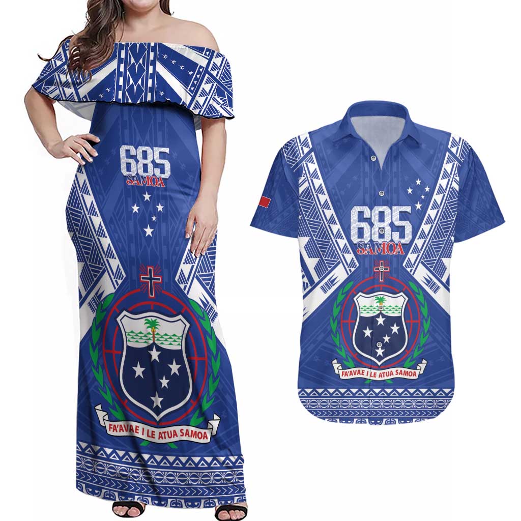 Personalised Samoa 685 Couples Matching Off Shoulder Maxi Dress and Hawaiian Shirt Samoan Pride Coat Of Arms LT14 Blue - Polynesian Pride