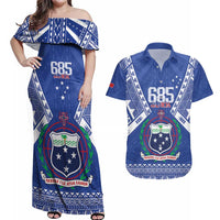 Personalised Samoa 685 Couples Matching Off Shoulder Maxi Dress and Hawaiian Shirt Samoan Pride Coat Of Arms LT14 Blue - Polynesian Pride
