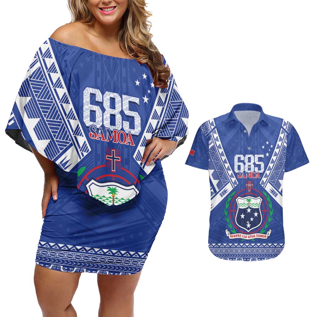 Personalised Samoa 685 Couples Matching Off Shoulder Short Dress and Hawaiian Shirt Samoan Pride Coat Of Arms LT14 Blue - Polynesian Pride