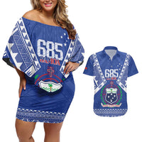 Personalised Samoa 685 Couples Matching Off Shoulder Short Dress and Hawaiian Shirt Samoan Pride Coat Of Arms LT14 Blue - Polynesian Pride