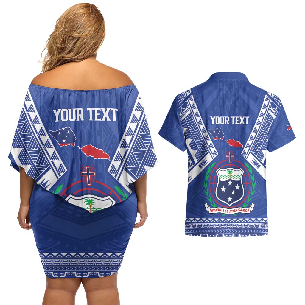 Personalised Samoa 685 Couples Matching Off Shoulder Short Dress and Hawaiian Shirt Samoan Pride Coat Of Arms LT14 - Polynesian Pride