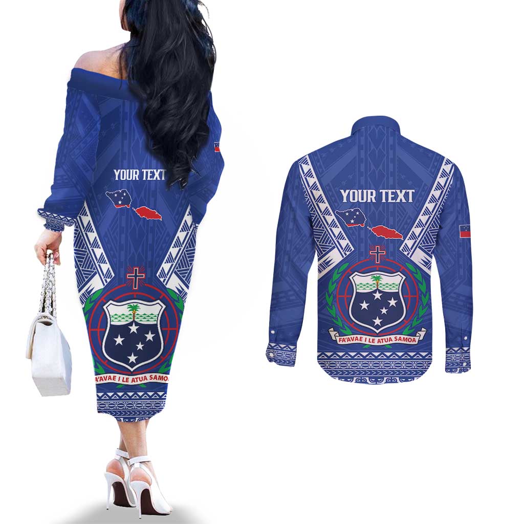 Personalised Samoa 685 Couples Matching Off The Shoulder Long Sleeve Dress and Long Sleeve Button Shirt Samoan Pride Coat Of Arms LT14 - Polynesian Pride