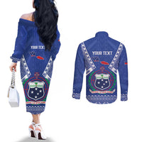 Personalised Samoa 685 Couples Matching Off The Shoulder Long Sleeve Dress and Long Sleeve Button Shirt Samoan Pride Coat Of Arms LT14 - Polynesian Pride