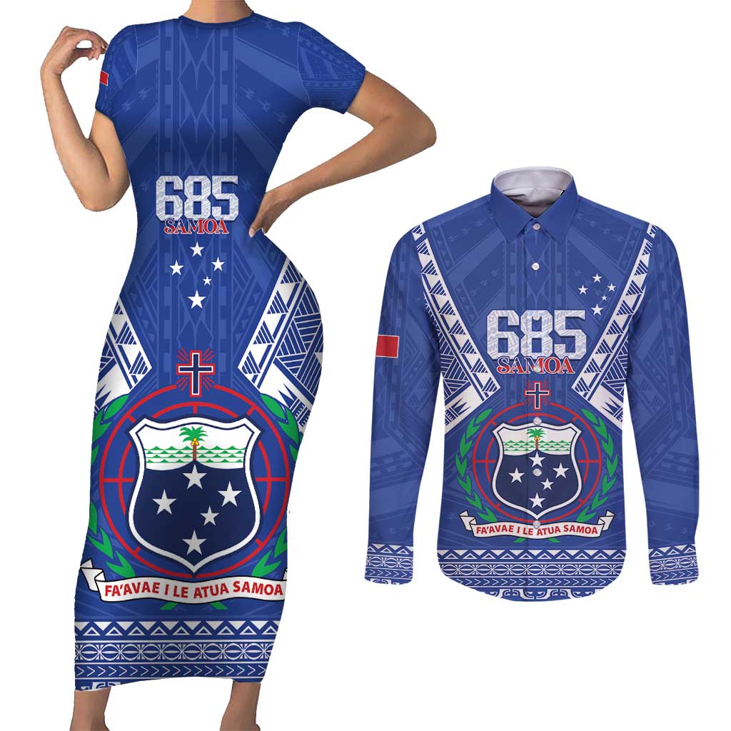 Personalised Samoa 685 Couples Matching Short Sleeve Bodycon Dress and Long Sleeve Button Shirt Samoan Pride Coat Of Arms LT14 Blue - Polynesian Pride