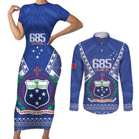 Personalised Samoa 685 Couples Matching Short Sleeve Bodycon Dress and Long Sleeve Button Shirt Samoan Pride Coat Of Arms LT14 Blue - Polynesian Pride