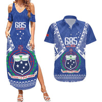 Personalised Samoa 685 Couples Matching Summer Maxi Dress and Hawaiian Shirt Samoan Pride Coat Of Arms LT14 Blue - Polynesian Pride