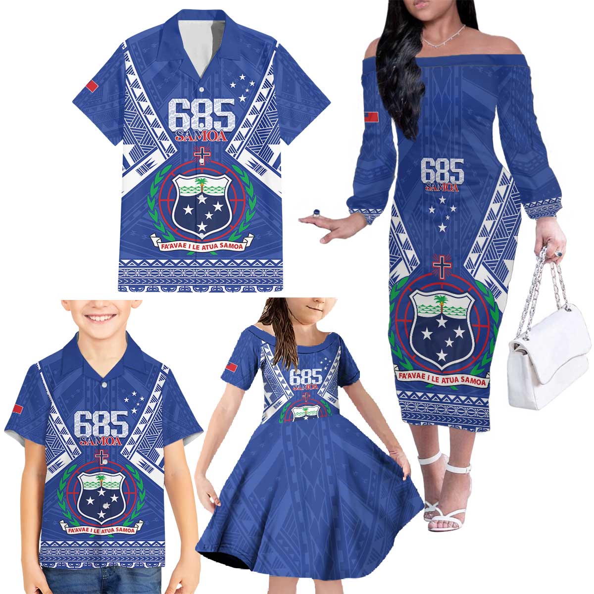 Personalised Samoa 685 Family Matching Off The Shoulder Long Sleeve Dress and Hawaiian Shirt Samoan Pride Coat Of Arms LT14 - Polynesian Pride