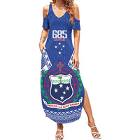 Personalised Samoa 685 Family Matching Summer Maxi Dress and Hawaiian Shirt Samoan Pride Coat Of Arms LT14 Mom's Dress Blue - Polynesian Pride