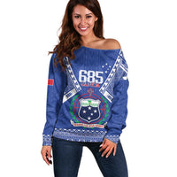 Personalised Samoa 685 Off Shoulder Sweater Samoan Pride Coat Of Arms LT14 Women Blue - Polynesian Pride