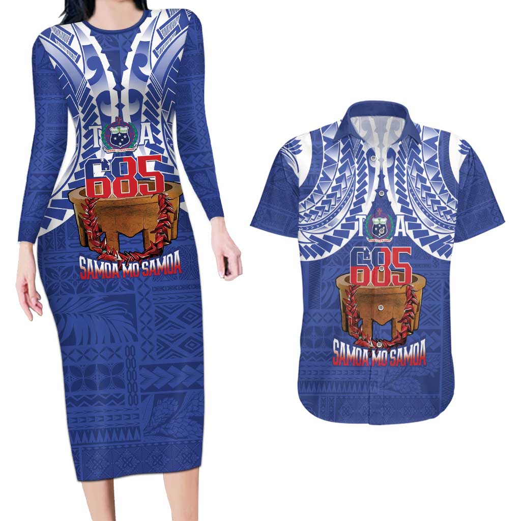Toa Samoa Rugby Couples Matching Long Sleeve Bodycon Dress and Hawaiian Shirt 685 Pride Tanoa Ula Fala LT14 Blue - Polynesian Pride