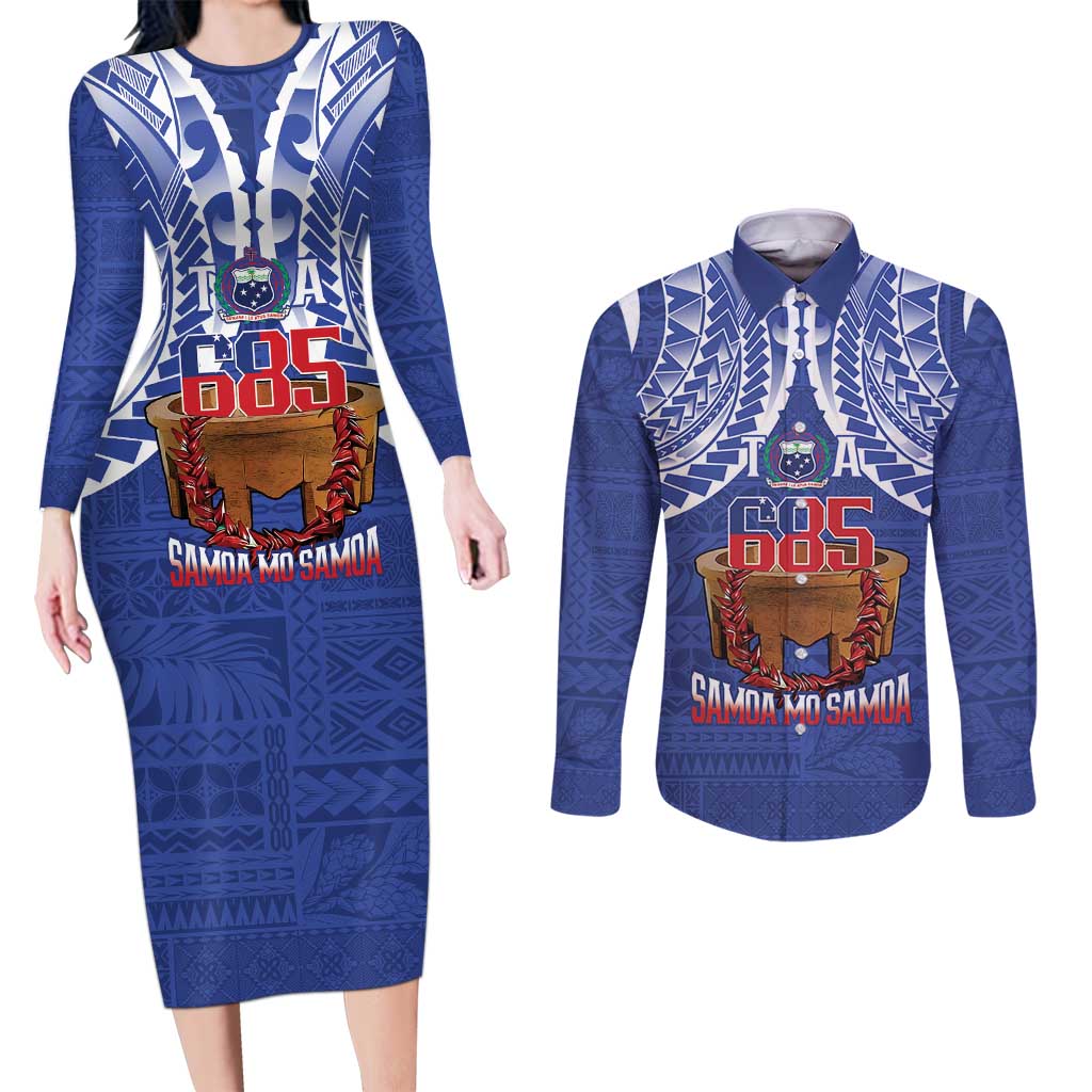 Toa Samoa Rugby Couples Matching Long Sleeve Bodycon Dress and Long Sleeve Button Shirt 685 Pride Tanoa Ula Fala LT14 Blue - Polynesian Pride
