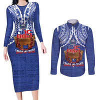 Toa Samoa Rugby Couples Matching Long Sleeve Bodycon Dress and Long Sleeve Button Shirt 685 Pride Tanoa Ula Fala LT14 Blue - Polynesian Pride