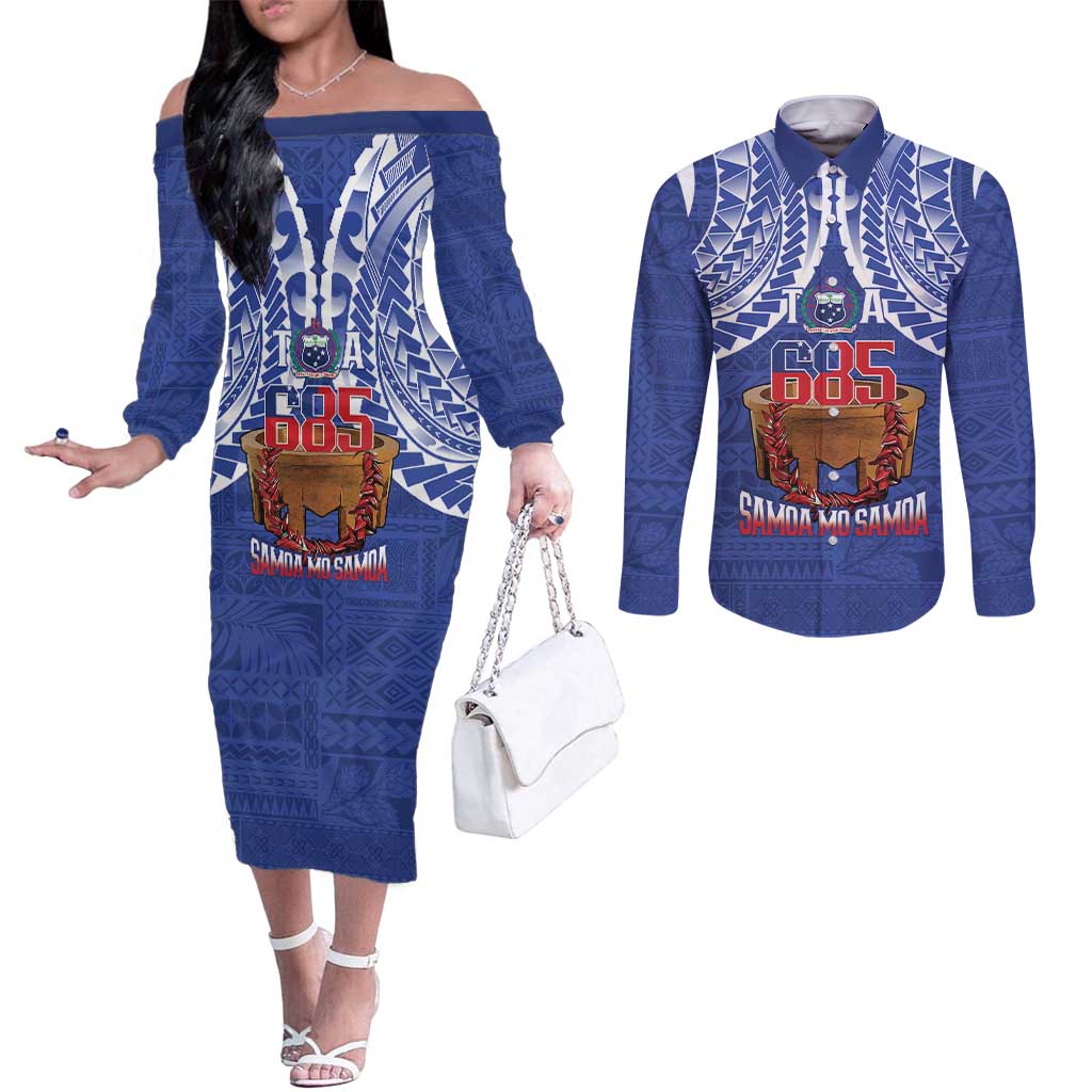 Toa Samoa Rugby Couples Matching Off The Shoulder Long Sleeve Dress and Long Sleeve Button Shirt 685 Pride Tanoa Ula Fala LT14 Blue - Polynesian Pride