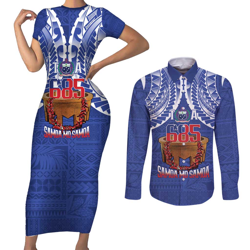 Toa Samoa Rugby Couples Matching Short Sleeve Bodycon Dress and Long Sleeve Button Shirt 685 Pride Tanoa Ula Fala LT14 Blue - Polynesian Pride