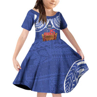 Toa Samoa Rugby Family Matching Off Shoulder Short Dress and Hawaiian Shirt 685 Pride Tanoa Ula Fala LT14 Daughter's Dress Blue - Polynesian Pride