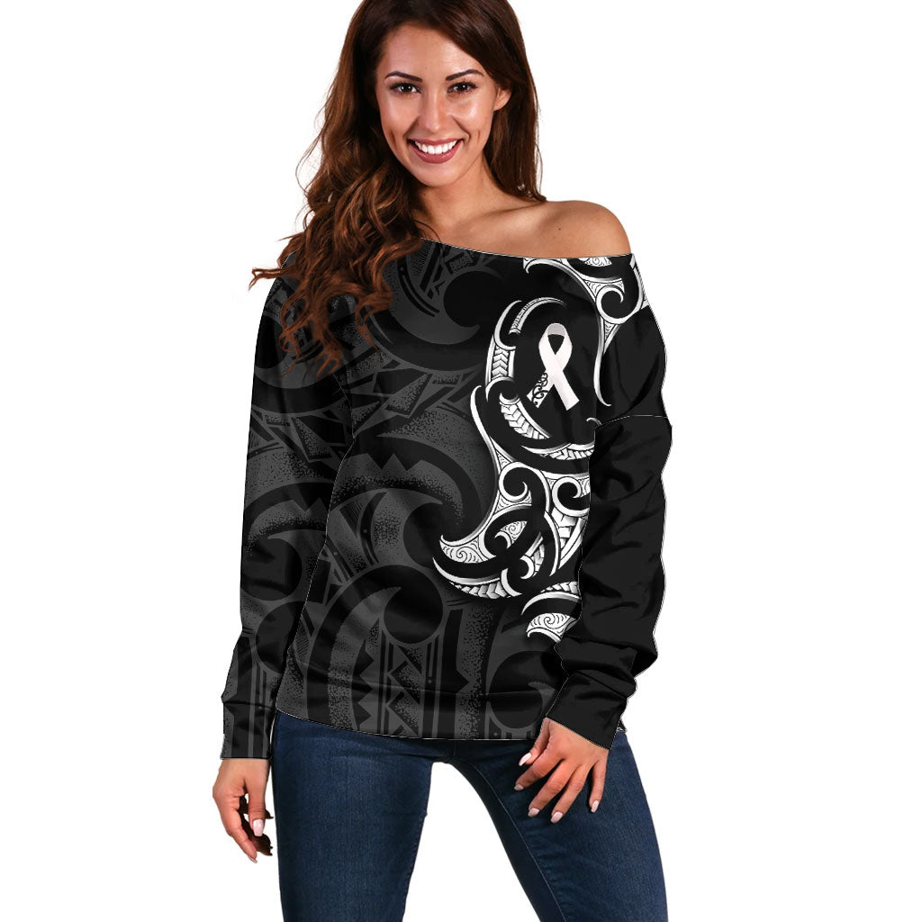 White Ribbon Day New Zealand Off Shoulder Sweater Aotearoa Maori Pattern LT14 Women Black - Polynesian Pride