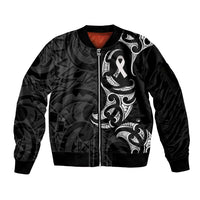 White Ribbon Day New Zealand Sleeve Zip Bomber Jacket Aotearoa Maori Pattern LT14 Unisex Black - Polynesian Pride