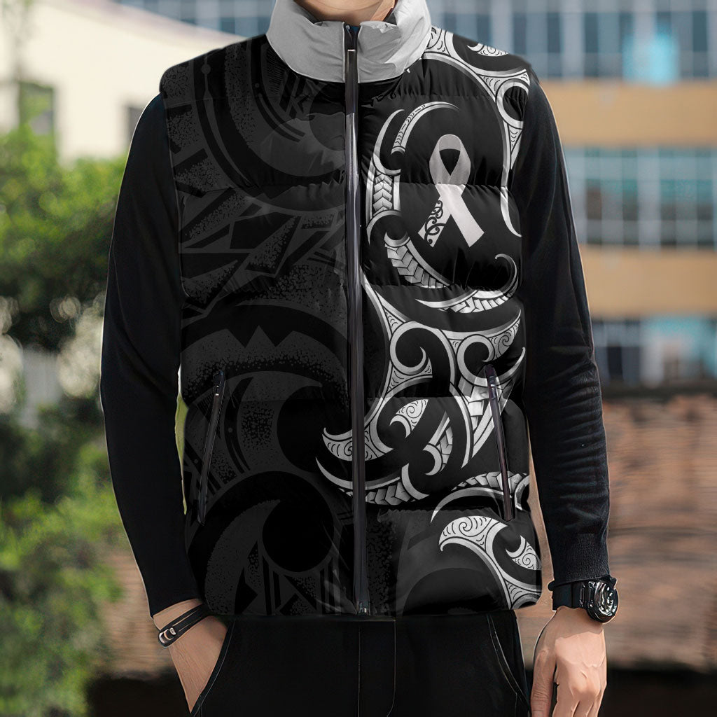 White Ribbon Day New Zealand Sleeveless Puffer Jacket Aotearoa Maori Pattern LT14 - Polynesian Pride