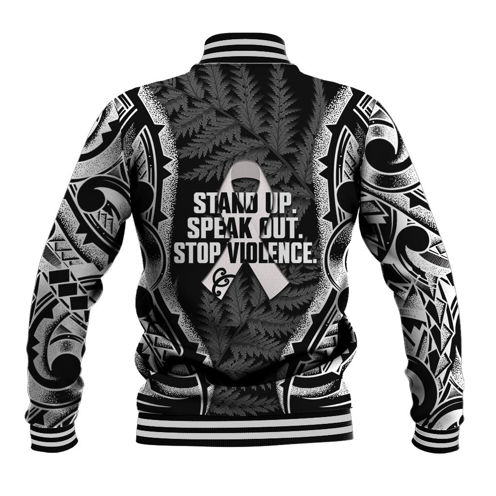 White Ribbon Day New Zealand Baseball Jacket Respect Women Maori Pattern Black LT14 - Polynesian Pride