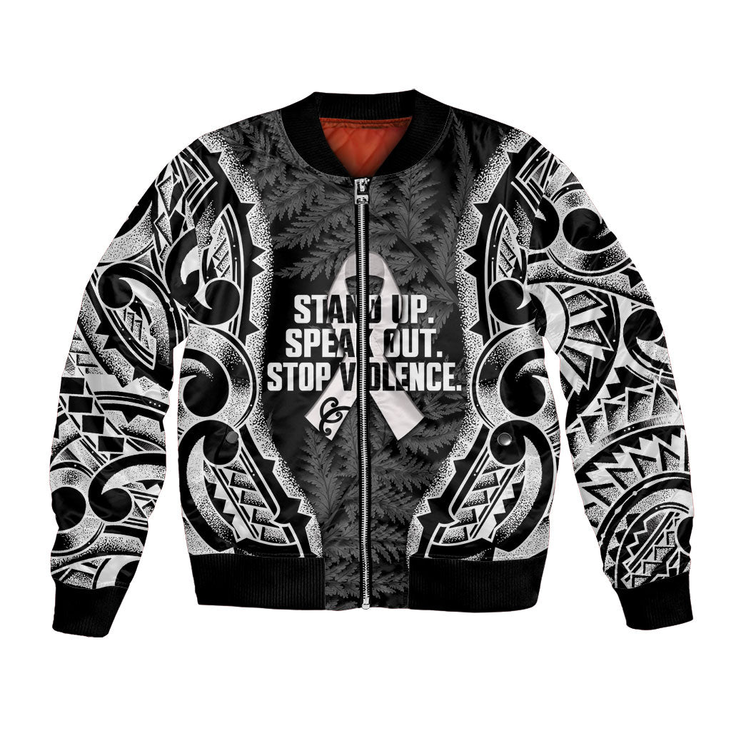 White Ribbon Day New Zealand Bomber Jacket Respect Women Maori Pattern Black