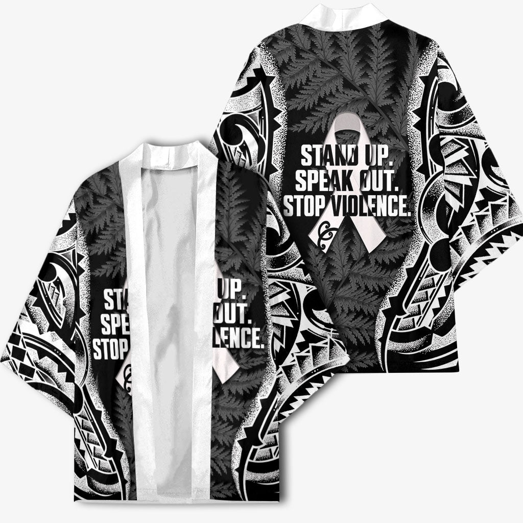 White Ribbon Day New Zealand Kimono Respect Women Maori Pattern Black LT14 - Polynesian Pride