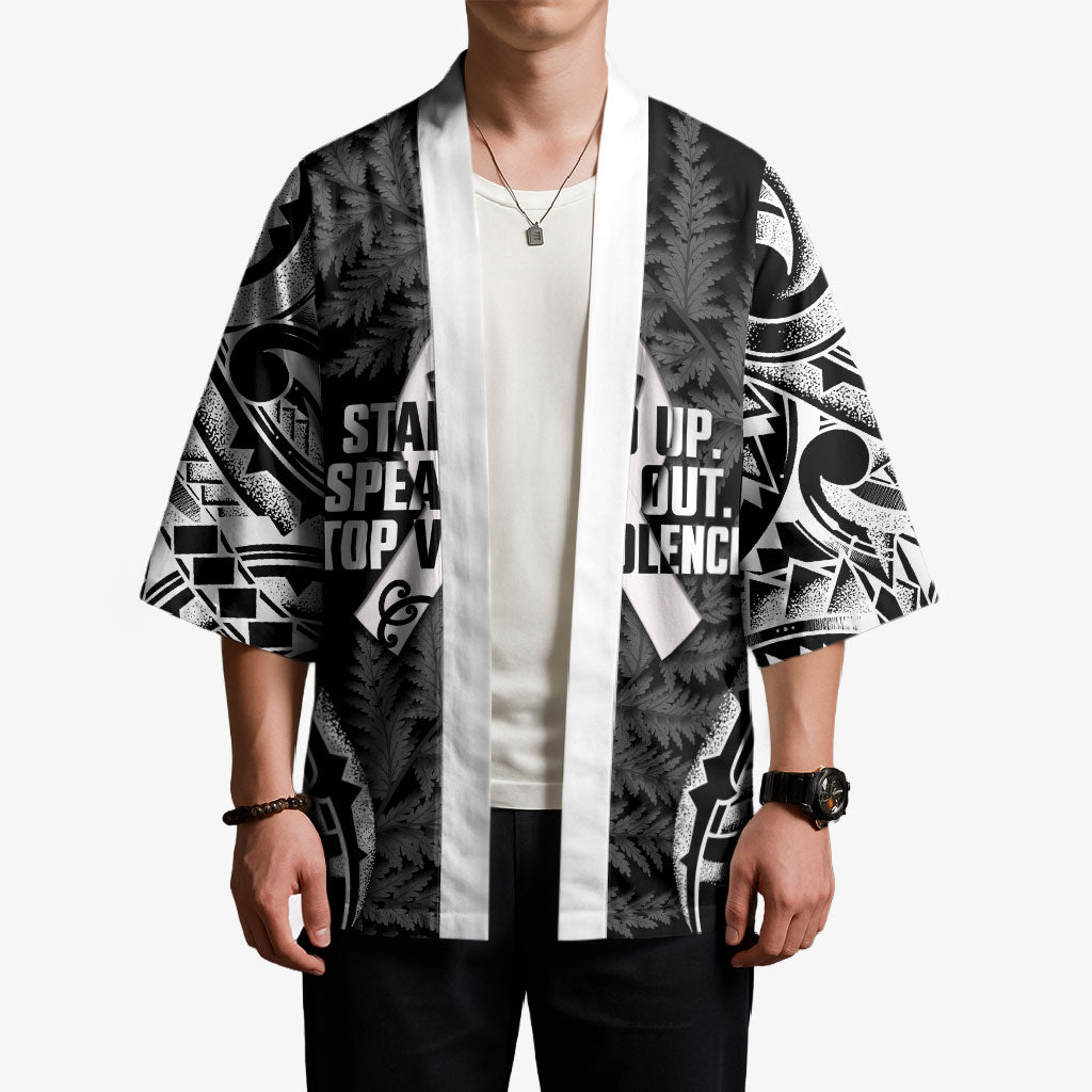 White Ribbon Day New Zealand Kimono Respect Women Maori Pattern Black LT14 - Polynesian Pride