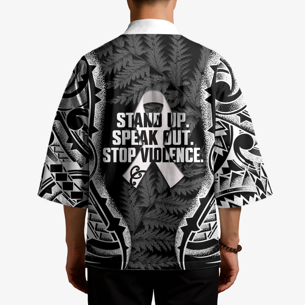 White Ribbon Day New Zealand Kimono Respect Women Maori Pattern Black LT14 - Polynesian Pride