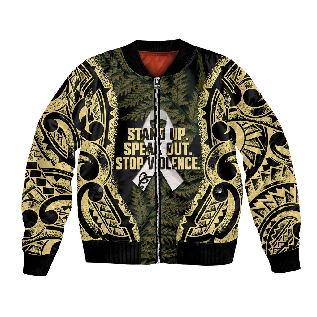 White Ribbon Day New Zealand Bomber Jacket Respect Women Maori Pattern Yellow