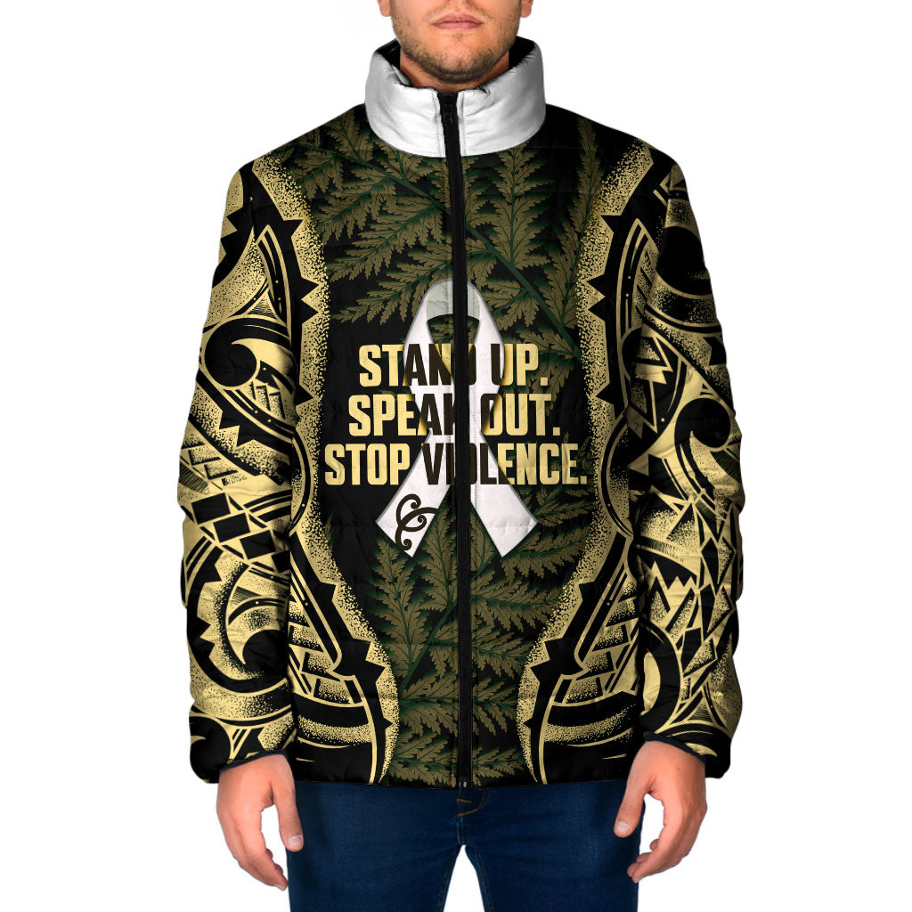 White Ribbon Day New Zealand Padded Jacket Respect Women Maori Pattern Yellow LT14 Men Yellow - Polynesian Pride
