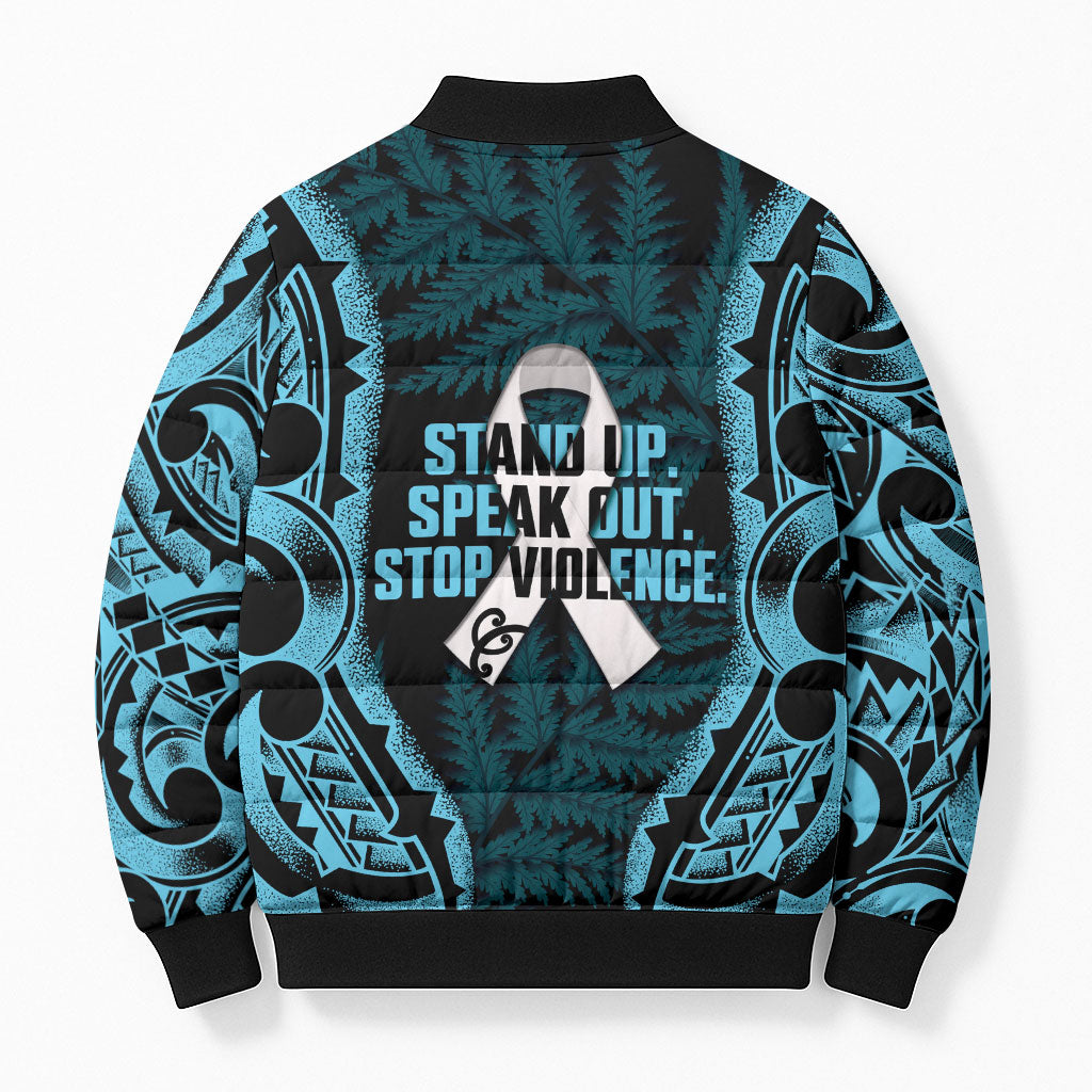 White Ribbon Day New Zealand Bomber Puffer Jacket Respect Women Maori Pattern Blue LT14 - Polynesian Pride