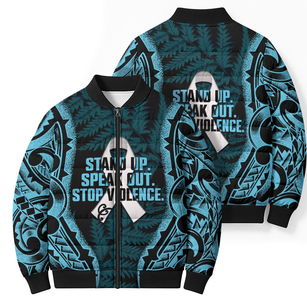 White Ribbon Day New Zealand Bomber Puffer Jacket Respect Women Maori Pattern Blue LT14 - Polynesian Pride