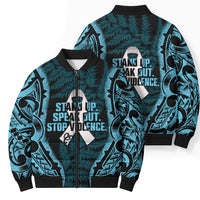 White Ribbon Day New Zealand Bomber Puffer Jacket Respect Women Maori Pattern Blue LT14 - Polynesian Pride