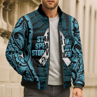 White Ribbon Day New Zealand Bomber Puffer Jacket Respect Women Maori Pattern Blue LT14 - Polynesian Pride