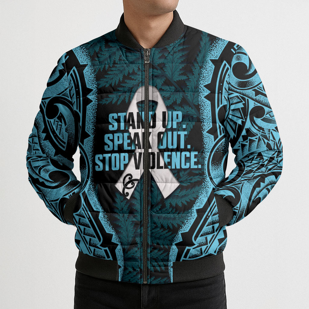 White Ribbon Day New Zealand Bomber Puffer Jacket Respect Women Maori Pattern Blue LT14 - Polynesian Pride