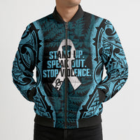 White Ribbon Day New Zealand Bomber Puffer Jacket Respect Women Maori Pattern Blue LT14 - Polynesian Pride