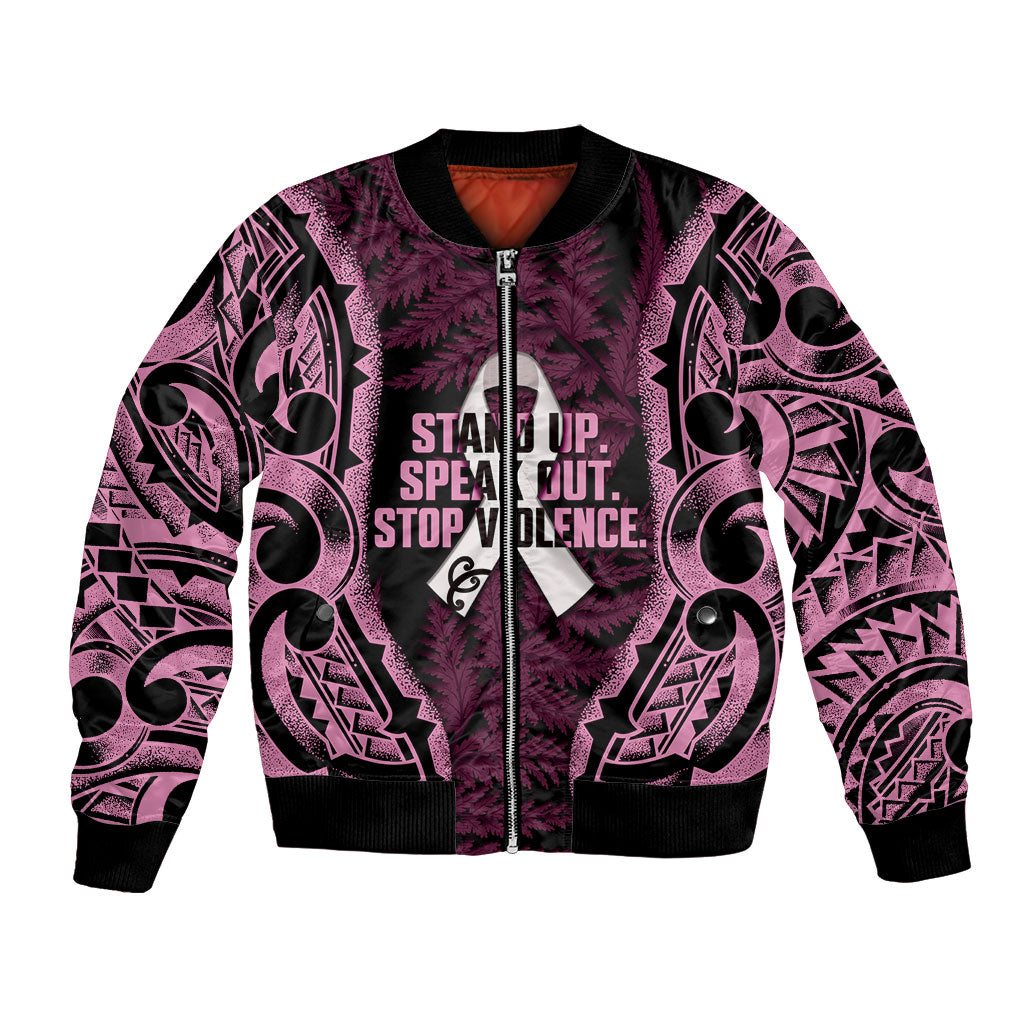 White Ribbon Day New Zealand Bomber Jacket Respect Women Maori Pattern Pink