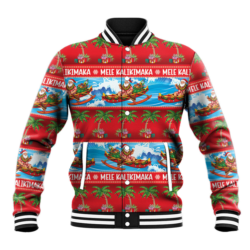 Hawaii Mele Kalikimaka Baseball Jacket Outrigger Canoe Santa Festive Palm Seamless LT14 Unisex Red - Polynesian Pride