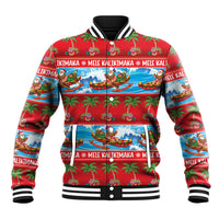Hawaii Mele Kalikimaka Baseball Jacket Outrigger Canoe Santa Festive Palm Seamless LT14 Unisex Red - Polynesian Pride