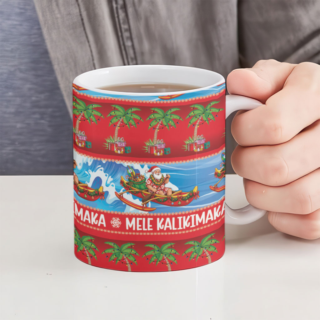 Hawaii Mele Kalikimaka Ceramic Mug Outrigger Canoe Santa Festive Palm Seamless LT14 - Polynesian Pride