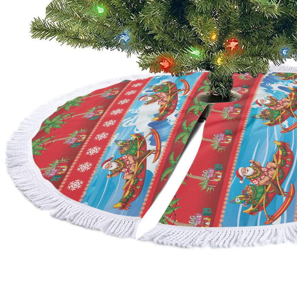 Hawaii Mele Kalikimaka Tree Skirt Outrigger Canoe Santa Festive Palm Seamless LT14 - Polynesian Pride