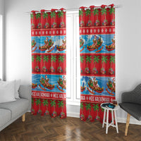 Hawaii Mele Kalikimaka Window Curtain Outrigger Canoe Santa Festive Palm Seamless LT14 With Grommets Red - Polynesian Pride