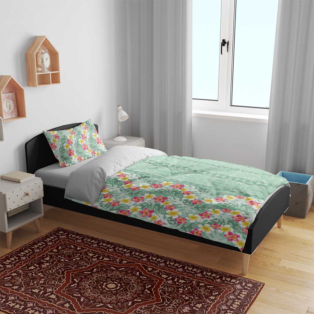 Menthol Green Aloha Hawaii Tiki Bedding Set Tropical Plumeria - Seamless Style