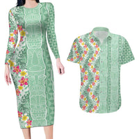 Menthol Green Aloha Hawaii Tiki Couples Matching Long Sleeve Bodycon Dress and Hawaiian Shirt Tropical Plumeria - Seamless Style LT14 Green - Polynesian Pride