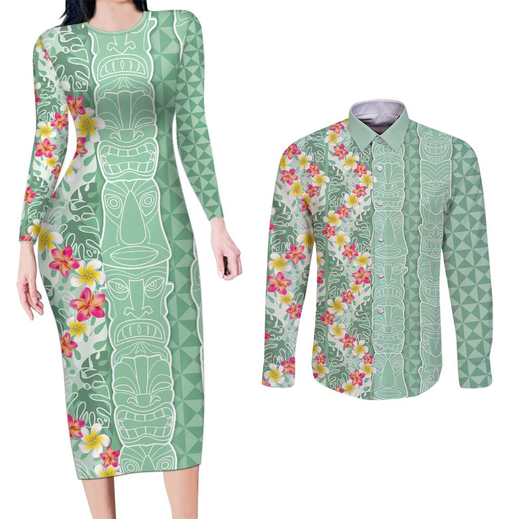 Menthol Green Aloha Hawaii Tiki Couples Matching Long Sleeve Bodycon Dress and Long Sleeve Button Shirt Tropical Plumeria - Seamless Style
